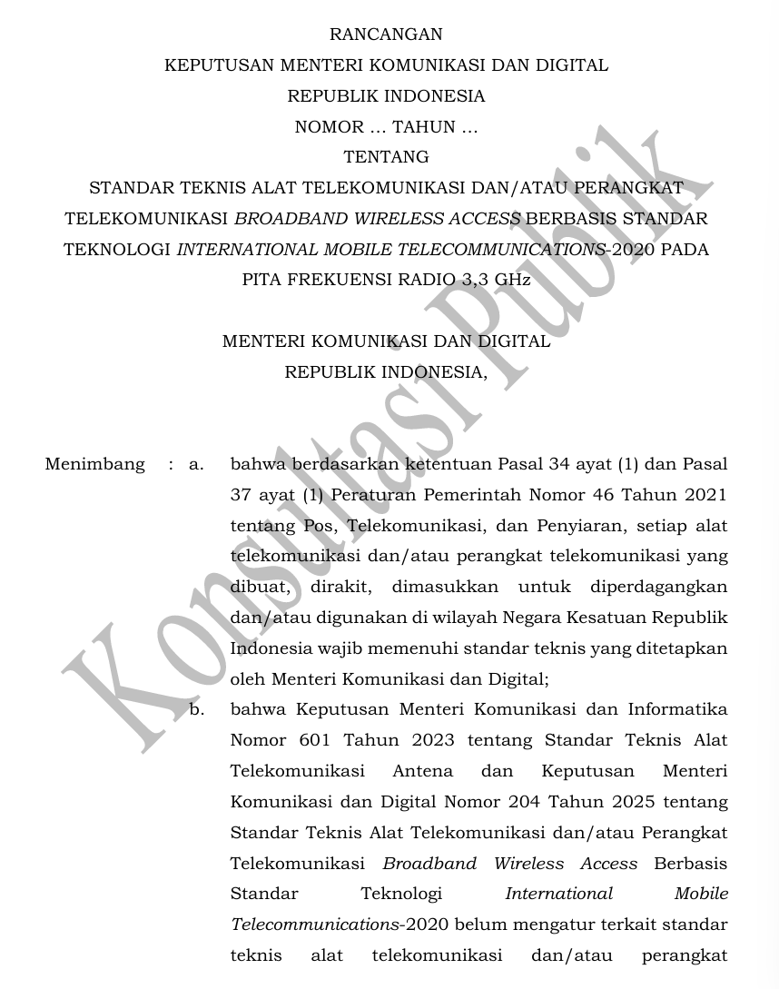 印尼通信与数字部KOMDIGI发布关于3.3 GHz频段5G BWA设备技术标准的公众咨询(图1)